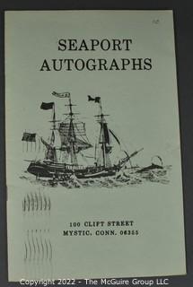 Lot 29.  Seaport Autographs.  49 items. Catalogs 1, 5-22, 24-27, 29-35, 102, 105-117; and 120-124; 1976-1987, 2006-2011.  The first catalog is modestly titled “Autographs Spring-1976” and was issued by “N. F. Boas” from Wilton, Connecticut; the title changed with later catalogs, as did the location from Mystic to Stonington.  Boas is none other than Dr. Norman F. Boas (1923-2016), Fellow of The Manuscript Society.  With a medical degree from Harvard attained by the time he was 22, Boas was in public health service, including a stint with NIH, taught at Yale, and later was in private practice.  After retiring from medicine, he was heavily involved with historical projects in his area and, of course, acquiring and selling manuscripts.  His research and publishing interests included Abraham Lincoln, First Lady Jane Pierce, and the noted anthropologist Franz Boas, his grandfather.       