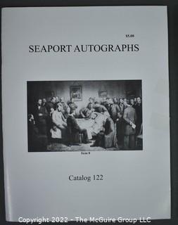 Lot 29.  Seaport Autographs.  49 items. Catalogs 1, 5-22, 24-27, 29-35, 102, 105-117; and 120-124; 1976-1987, 2006-2011.  The first catalog is modestly titled “Autographs Spring-1976” and was issued by “N. F. Boas” from Wilton, Connecticut; the title changed with later catalogs, as did the location from Mystic to Stonington.  Boas is none other than Dr. Norman F. Boas (1923-2016), Fellow of The Manuscript Society.  With a medical degree from Harvard attained by the time he was 22, Boas was in public health service, including a stint with NIH, taught at Yale, and later was in private practice.  After retiring from medicine, he was heavily involved with historical projects in his area and, of course, acquiring and selling manuscripts.  His research and publishing interests included Abraham Lincoln, First Lady Jane Pierce, and the noted anthropologist Franz Boas, his grandfather.       