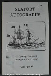 Lot 29.  Seaport Autographs.  49 items. Catalogs 1, 5-22, 24-27, 29-35, 102, 105-117; and 120-124; 1976-1987, 2006-2011.  The first catalog is modestly titled “Autographs Spring-1976” and was issued by “N. F. Boas” from Wilton, Connecticut; the title changed with later catalogs, as did the location from Mystic to Stonington.  Boas is none other than Dr. Norman F. Boas (1923-2016), Fellow of The Manuscript Society.  With a medical degree from Harvard attained by the time he was 22, Boas was in public health service, including a stint with NIH, taught at Yale, and later was in private practice.  After retiring from medicine, he was heavily involved with historical projects in his area and, of course, acquiring and selling manuscripts.  His research and publishing interests included Abraham Lincoln, First Lady Jane Pierce, and the noted anthropologist Franz Boas, his grandfather.       