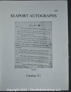 Lot 29.  Seaport Autographs.  49 items. Catalogs 1, 5-22, 24-27, 29-35, 102, 105-117; and 120-124; 1976-1987, 2006-2011.  The first catalog is modestly titled “Autographs Spring-1976” and was issued by “N. F. Boas” from Wilton, Connecticut; the title changed with later catalogs, as did the location from Mystic to Stonington.  Boas is none other than Dr. Norman F. Boas (1923-2016), Fellow of The Manuscript Society.  With a medical degree from Harvard attained by the time he was 22, Boas was in public health service, including a stint with NIH, taught at Yale, and later was in private practice.  After retiring from medicine, he was heavily involved with historical projects in his area and, of course, acquiring and selling manuscripts.  His research and publishing interests included Abraham Lincoln, First Lady Jane Pierce, and the noted anthropologist Franz Boas, his grandfather.       