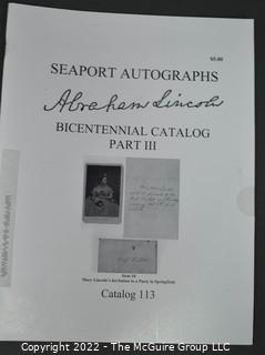 Lot 29.  Seaport Autographs.  49 items. Catalogs 1, 5-22, 24-27, 29-35, 102, 105-117; and 120-124; 1976-1987, 2006-2011.  The first catalog is modestly titled “Autographs Spring-1976” and was issued by “N. F. Boas” from Wilton, Connecticut; the title changed with later catalogs, as did the location from Mystic to Stonington.  Boas is none other than Dr. Norman F. Boas (1923-2016), Fellow of The Manuscript Society.  With a medical degree from Harvard attained by the time he was 22, Boas was in public health service, including a stint with NIH, taught at Yale, and later was in private practice.  After retiring from medicine, he was heavily involved with historical projects in his area and, of course, acquiring and selling manuscripts.  His research and publishing interests included Abraham Lincoln, First Lady Jane Pierce, and the noted anthropologist Franz Boas, his grandfather.       