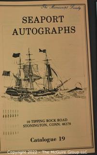 Lot 29.  Seaport Autographs.  49 items. Catalogs 1, 5-22, 24-27, 29-35, 102, 105-117; and 120-124; 1976-1987, 2006-2011.  The first catalog is modestly titled “Autographs Spring-1976” and was issued by “N. F. Boas” from Wilton, Connecticut; the title changed with later catalogs, as did the location from Mystic to Stonington.  Boas is none other than Dr. Norman F. Boas (1923-2016), Fellow of The Manuscript Society.  With a medical degree from Harvard attained by the time he was 22, Boas was in public health service, including a stint with NIH, taught at Yale, and later was in private practice.  After retiring from medicine, he was heavily involved with historical projects in his area and, of course, acquiring and selling manuscripts.  His research and publishing interests included Abraham Lincoln, First Lady Jane Pierce, and the noted anthropologist Franz Boas, his grandfather.       