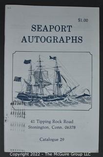 Lot 29.  Seaport Autographs.  49 items. Catalogs 1, 5-22, 24-27, 29-35, 102, 105-117; and 120-124; 1976-1987, 2006-2011.  The first catalog is modestly titled “Autographs Spring-1976” and was issued by “N. F. Boas” from Wilton, Connecticut; the title changed with later catalogs, as did the location from Mystic to Stonington.  Boas is none other than Dr. Norman F. Boas (1923-2016), Fellow of The Manuscript Society.  With a medical degree from Harvard attained by the time he was 22, Boas was in public health service, including a stint with NIH, taught at Yale, and later was in private practice.  After retiring from medicine, he was heavily involved with historical projects in his area and, of course, acquiring and selling manuscripts.  His research and publishing interests included Abraham Lincoln, First Lady Jane Pierce, and the noted anthropologist Franz Boas, his grandfather.       