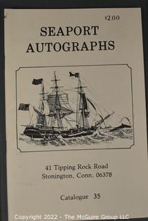 Lot 29.  Seaport Autographs.  49 items. Catalogs 1, 5-22, 24-27, 29-35, 102, 105-117; and 120-124; 1976-1987, 2006-2011.  The first catalog is modestly titled “Autographs Spring-1976” and was issued by “N. F. Boas” from Wilton, Connecticut; the title changed with later catalogs, as did the location from Mystic to Stonington.  Boas is none other than Dr. Norman F. Boas (1923-2016), Fellow of The Manuscript Society.  With a medical degree from Harvard attained by the time he was 22, Boas was in public health service, including a stint with NIH, taught at Yale, and later was in private practice.  After retiring from medicine, he was heavily involved with historical projects in his area and, of course, acquiring and selling manuscripts.  His research and publishing interests included Abraham Lincoln, First Lady Jane Pierce, and the noted anthropologist Franz Boas, his grandfather.       