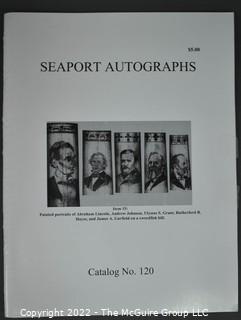 Lot 29.  Seaport Autographs.  49 items. Catalogs 1, 5-22, 24-27, 29-35, 102, 105-117; and 120-124; 1976-1987, 2006-2011.  The first catalog is modestly titled “Autographs Spring-1976” and was issued by “N. F. Boas” from Wilton, Connecticut; the title changed with later catalogs, as did the location from Mystic to Stonington.  Boas is none other than Dr. Norman F. Boas (1923-2016), Fellow of The Manuscript Society.  With a medical degree from Harvard attained by the time he was 22, Boas was in public health service, including a stint with NIH, taught at Yale, and later was in private practice.  After retiring from medicine, he was heavily involved with historical projects in his area and, of course, acquiring and selling manuscripts.  His research and publishing interests included Abraham Lincoln, First Lady Jane Pierce, and the noted anthropologist Franz Boas, his grandfather.       