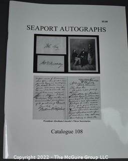 Lot 29.  Seaport Autographs.  49 items. Catalogs 1, 5-22, 24-27, 29-35, 102, 105-117; and 120-124; 1976-1987, 2006-2011.  The first catalog is modestly titled “Autographs Spring-1976” and was issued by “N. F. Boas” from Wilton, Connecticut; the title changed with later catalogs, as did the location from Mystic to Stonington.  Boas is none other than Dr. Norman F. Boas (1923-2016), Fellow of The Manuscript Society.  With a medical degree from Harvard attained by the time he was 22, Boas was in public health service, including a stint with NIH, taught at Yale, and later was in private practice.  After retiring from medicine, he was heavily involved with historical projects in his area and, of course, acquiring and selling manuscripts.  His research and publishing interests included Abraham Lincoln, First Lady Jane Pierce, and the noted anthropologist Franz Boas, his grandfather.       