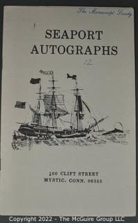 Lot 29.  Seaport Autographs.  49 items. Catalogs 1, 5-22, 24-27, 29-35, 102, 105-117; and 120-124; 1976-1987, 2006-2011.  The first catalog is modestly titled “Autographs Spring-1976” and was issued by “N. F. Boas” from Wilton, Connecticut; the title changed with later catalogs, as did the location from Mystic to Stonington.  Boas is none other than Dr. Norman F. Boas (1923-2016), Fellow of The Manuscript Society.  With a medical degree from Harvard attained by the time he was 22, Boas was in public health service, including a stint with NIH, taught at Yale, and later was in private practice.  After retiring from medicine, he was heavily involved with historical projects in his area and, of course, acquiring and selling manuscripts.  His research and publishing interests included Abraham Lincoln, First Lady Jane Pierce, and the noted anthropologist Franz Boas, his grandfather.       