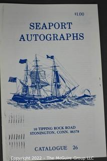 Lot 29.  Seaport Autographs.  49 items. Catalogs 1, 5-22, 24-27, 29-35, 102, 105-117; and 120-124; 1976-1987, 2006-2011.  The first catalog is modestly titled “Autographs Spring-1976” and was issued by “N. F. Boas” from Wilton, Connecticut; the title changed with later catalogs, as did the location from Mystic to Stonington.  Boas is none other than Dr. Norman F. Boas (1923-2016), Fellow of The Manuscript Society.  With a medical degree from Harvard attained by the time he was 22, Boas was in public health service, including a stint with NIH, taught at Yale, and later was in private practice.  After retiring from medicine, he was heavily involved with historical projects in his area and, of course, acquiring and selling manuscripts.  His research and publishing interests included Abraham Lincoln, First Lady Jane Pierce, and the noted anthropologist Franz Boas, his grandfather.       