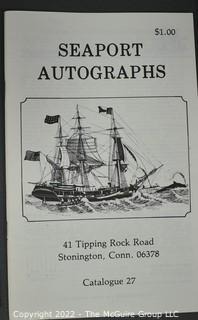 Lot 29.  Seaport Autographs.  49 items. Catalogs 1, 5-22, 24-27, 29-35, 102, 105-117; and 120-124; 1976-1987, 2006-2011.  The first catalog is modestly titled “Autographs Spring-1976” and was issued by “N. F. Boas” from Wilton, Connecticut; the title changed with later catalogs, as did the location from Mystic to Stonington.  Boas is none other than Dr. Norman F. Boas (1923-2016), Fellow of The Manuscript Society.  With a medical degree from Harvard attained by the time he was 22, Boas was in public health service, including a stint with NIH, taught at Yale, and later was in private practice.  After retiring from medicine, he was heavily involved with historical projects in his area and, of course, acquiring and selling manuscripts.  His research and publishing interests included Abraham Lincoln, First Lady Jane Pierce, and the noted anthropologist Franz Boas, his grandfather.       