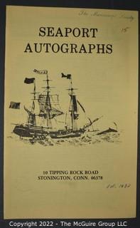 Lot 29.  Seaport Autographs.  49 items. Catalogs 1, 5-22, 24-27, 29-35, 102, 105-117; and 120-124; 1976-1987, 2006-2011.  The first catalog is modestly titled “Autographs Spring-1976” and was issued by “N. F. Boas” from Wilton, Connecticut; the title changed with later catalogs, as did the location from Mystic to Stonington.  Boas is none other than Dr. Norman F. Boas (1923-2016), Fellow of The Manuscript Society.  With a medical degree from Harvard attained by the time he was 22, Boas was in public health service, including a stint with NIH, taught at Yale, and later was in private practice.  After retiring from medicine, he was heavily involved with historical projects in his area and, of course, acquiring and selling manuscripts.  His research and publishing interests included Abraham Lincoln, First Lady Jane Pierce, and the noted anthropologist Franz Boas, his grandfather.       