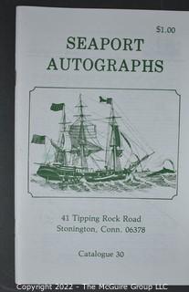 Lot 29.  Seaport Autographs.  49 items. Catalogs 1, 5-22, 24-27, 29-35, 102, 105-117; and 120-124; 1976-1987, 2006-2011.  The first catalog is modestly titled “Autographs Spring-1976” and was issued by “N. F. Boas” from Wilton, Connecticut; the title changed with later catalogs, as did the location from Mystic to Stonington.  Boas is none other than Dr. Norman F. Boas (1923-2016), Fellow of The Manuscript Society.  With a medical degree from Harvard attained by the time he was 22, Boas was in public health service, including a stint with NIH, taught at Yale, and later was in private practice.  After retiring from medicine, he was heavily involved with historical projects in his area and, of course, acquiring and selling manuscripts.  His research and publishing interests included Abraham Lincoln, First Lady Jane Pierce, and the noted anthropologist Franz Boas, his grandfather.       