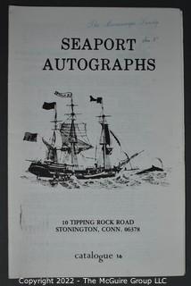 Lot 29.  Seaport Autographs.  49 items. Catalogs 1, 5-22, 24-27, 29-35, 102, 105-117; and 120-124; 1976-1987, 2006-2011.  The first catalog is modestly titled “Autographs Spring-1976” and was issued by “N. F. Boas” from Wilton, Connecticut; the title changed with later catalogs, as did the location from Mystic to Stonington.  Boas is none other than Dr. Norman F. Boas (1923-2016), Fellow of The Manuscript Society.  With a medical degree from Harvard attained by the time he was 22, Boas was in public health service, including a stint with NIH, taught at Yale, and later was in private practice.  After retiring from medicine, he was heavily involved with historical projects in his area and, of course, acquiring and selling manuscripts.  His research and publishing interests included Abraham Lincoln, First Lady Jane Pierce, and the noted anthropologist Franz Boas, his grandfather.       