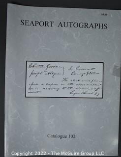 Lot 29.  Seaport Autographs.  49 items. Catalogs 1, 5-22, 24-27, 29-35, 102, 105-117; and 120-124; 1976-1987, 2006-2011.  The first catalog is modestly titled “Autographs Spring-1976” and was issued by “N. F. Boas” from Wilton, Connecticut; the title changed with later catalogs, as did the location from Mystic to Stonington.  Boas is none other than Dr. Norman F. Boas (1923-2016), Fellow of The Manuscript Society.  With a medical degree from Harvard attained by the time he was 22, Boas was in public health service, including a stint with NIH, taught at Yale, and later was in private practice.  After retiring from medicine, he was heavily involved with historical projects in his area and, of course, acquiring and selling manuscripts.  His research and publishing interests included Abraham Lincoln, First Lady Jane Pierce, and the noted anthropologist Franz Boas, his grandfather.       