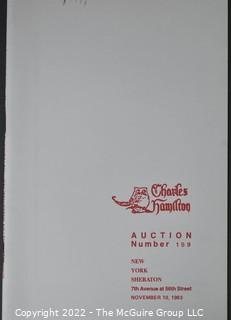 Lot 11.  Charles Hamilton.  164 items.  Auction catalogs 1-166, from May 16, 1963 to November 29, 1984 (missing nos. 69 and 158).  Most include separate list of prices realized.  The first auction was held at the Gotham Hotel, located on Fifth Avenue at 55th Street.  Auction 166 was held at the Omni Park Central, Seventh Avenue at 56th Street. 

Charles Hamilton Autographs. Catalogs.  43 items. In Catalog 25 is this information: “To avoid confusion in identifying our catalogs, we have decided to designate them all by number. Since we have issued ten large catalogs (1 to 10, inclusive), and fourteen Gray Octavos (A to O, inclusive, omitting the letter I), this catalog becomes Number 25. The next will be Number 26.” This group includes 1, 3, 4, 6-10, A, D, E, F, H, J, K, L, M, N, O, 25-46, 48, 49.  Unfortunately, the catalogs are not dated. Internal evidence suggests they are from the late 1950s to 1965.

Charles Hamilton Galleries.  1 item.  Catalog 1.  Postmark of Nov. 5, 1984.  Letter