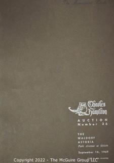 Lot 11.  Charles Hamilton.  164 items.  Auction catalogs 1-166, from May 16, 1963 to November 29, 1984 (missing nos. 69 and 158).  Most include separate list of prices realized.  The first auction was held at the Gotham Hotel, located on Fifth Avenue at 55th Street.  Auction 166 was held at the Omni Park Central, Seventh Avenue at 56th Street. 

Charles Hamilton Autographs. Catalogs.  43 items. In Catalog 25 is this information: “To avoid confusion in identifying our catalogs, we have decided to designate them all by number. Since we have issued ten large catalogs (1 to 10, inclusive), and fourteen Gray Octavos (A to O, inclusive, omitting the letter I), this catalog becomes Number 25. The next will be Number 26.” This group includes 1, 3, 4, 6-10, A, D, E, F, H, J, K, L, M, N, O, 25-46, 48, 49.  Unfortunately, the catalogs are not dated. Internal evidence suggests they are from the late 1950s to 1965.

Charles Hamilton Galleries.  1 item.  Catalog 1.  Postmark of Nov. 5, 1984.  Letter