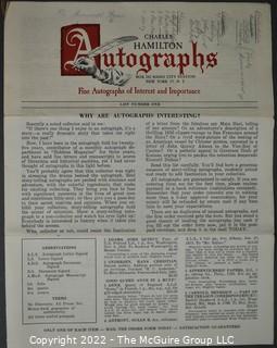 Lot 11.  Charles Hamilton.  164 items.  Auction catalogs 1-166, from May 16, 1963 to November 29, 1984 (missing nos. 69 and 158).  Most include separate list of prices realized.  The first auction was held at the Gotham Hotel, located on Fifth Avenue at 55th Street.  Auction 166 was held at the Omni Park Central, Seventh Avenue at 56th Street. 

Charles Hamilton Autographs. Catalogs.  43 items. In Catalog 25 is this information: “To avoid confusion in identifying our catalogs, we have decided to designate them all by number. Since we have issued ten large catalogs (1 to 10, inclusive), and fourteen Gray Octavos (A to O, inclusive, omitting the letter I), this catalog becomes Number 25. The next will be Number 26.” This group includes 1, 3, 4, 6-10, A, D, E, F, H, J, K, L, M, N, O, 25-46, 48, 49.  Unfortunately, the catalogs are not dated. Internal evidence suggests they are from the late 1950s to 1965.

Charles Hamilton Galleries.  1 item.  Catalog 1.  Postmark of Nov. 5, 1984.  Letter