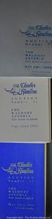 Lot 11.  Charles Hamilton.  164 items.  Auction catalogs 1-166, from May 16, 1963 to November 29, 1984 (missing nos. 69 and 158).  Most include separate list of prices realized.  The first auction was held at the Gotham Hotel, located on Fifth Avenue at 55th Street.  Auction 166 was held at the Omni Park Central, Seventh Avenue at 56th Street. 

Charles Hamilton Autographs. Catalogs.  43 items. In Catalog 25 is this information: “To avoid confusion in identifying our catalogs, we have decided to designate them all by number. Since we have issued ten large catalogs (1 to 10, inclusive), and fourteen Gray Octavos (A to O, inclusive, omitting the letter I), this catalog becomes Number 25. The next will be Number 26.” This group includes 1, 3, 4, 6-10, A, D, E, F, H, J, K, L, M, N, O, 25-46, 48, 49.  Unfortunately, the catalogs are not dated. Internal evidence suggests they are from the late 1950s to 1965.

Charles Hamilton Galleries.  1 item.  Catalog 1.  Postmark of Nov. 5, 1984.  Letter