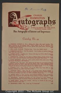 Lot 11.  Charles Hamilton.  164 items.  Auction catalogs 1-166, from May 16, 1963 to November 29, 1984 (missing nos. 69 and 158).  Most include separate list of prices realized.  The first auction was held at the Gotham Hotel, located on Fifth Avenue at 55th Street.  Auction 166 was held at the Omni Park Central, Seventh Avenue at 56th Street. 

Charles Hamilton Autographs. Catalogs.  43 items. In Catalog 25 is this information: “To avoid confusion in identifying our catalogs, we have decided to designate them all by number. Since we have issued ten large catalogs (1 to 10, inclusive), and fourteen Gray Octavos (A to O, inclusive, omitting the letter I), this catalog becomes Number 25. The next will be Number 26.” This group includes 1, 3, 4, 6-10, A, D, E, F, H, J, K, L, M, N, O, 25-46, 48, 49.  Unfortunately, the catalogs are not dated. Internal evidence suggests they are from the late 1950s to 1965.

Charles Hamilton Galleries.  1 item.  Catalog 1.  Postmark of Nov. 5, 1984.  Letter