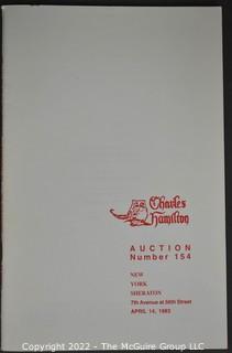 Lot 11.  Charles Hamilton.  164 items.  Auction catalogs 1-166, from May 16, 1963 to November 29, 1984 (missing nos. 69 and 158).  Most include separate list of prices realized.  The first auction was held at the Gotham Hotel, located on Fifth Avenue at 55th Street.  Auction 166 was held at the Omni Park Central, Seventh Avenue at 56th Street. 

Charles Hamilton Autographs. Catalogs.  43 items. In Catalog 25 is this information: “To avoid confusion in identifying our catalogs, we have decided to designate them all by number. Since we have issued ten large catalogs (1 to 10, inclusive), and fourteen Gray Octavos (A to O, inclusive, omitting the letter I), this catalog becomes Number 25. The next will be Number 26.” This group includes 1, 3, 4, 6-10, A, D, E, F, H, J, K, L, M, N, O, 25-46, 48, 49.  Unfortunately, the catalogs are not dated. Internal evidence suggests they are from the late 1950s to 1965.

Charles Hamilton Galleries.  1 item.  Catalog 1.  Postmark of Nov. 5, 1984.  Letter