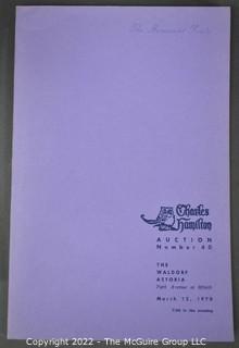 Lot 11.  Charles Hamilton.  164 items.  Auction catalogs 1-166, from May 16, 1963 to November 29, 1984 (missing nos. 69 and 158).  Most include separate list of prices realized.  The first auction was held at the Gotham Hotel, located on Fifth Avenue at 55th Street.  Auction 166 was held at the Omni Park Central, Seventh Avenue at 56th Street. 

Charles Hamilton Autographs. Catalogs.  43 items. In Catalog 25 is this information: “To avoid confusion in identifying our catalogs, we have decided to designate them all by number. Since we have issued ten large catalogs (1 to 10, inclusive), and fourteen Gray Octavos (A to O, inclusive, omitting the letter I), this catalog becomes Number 25. The next will be Number 26.” This group includes 1, 3, 4, 6-10, A, D, E, F, H, J, K, L, M, N, O, 25-46, 48, 49.  Unfortunately, the catalogs are not dated. Internal evidence suggests they are from the late 1950s to 1965.

Charles Hamilton Galleries.  1 item.  Catalog 1.  Postmark of Nov. 5, 1984.  Letter