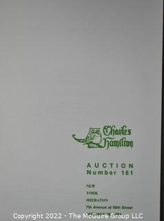 Lot 11.  Charles Hamilton.  164 items.  Auction catalogs 1-166, from May 16, 1963 to November 29, 1984 (missing nos. 69 and 158).  Most include separate list of prices realized.  The first auction was held at the Gotham Hotel, located on Fifth Avenue at 55th Street.  Auction 166 was held at the Omni Park Central, Seventh Avenue at 56th Street. 

Charles Hamilton Autographs. Catalogs.  43 items. In Catalog 25 is this information: “To avoid confusion in identifying our catalogs, we have decided to designate them all by number. Since we have issued ten large catalogs (1 to 10, inclusive), and fourteen Gray Octavos (A to O, inclusive, omitting the letter I), this catalog becomes Number 25. The next will be Number 26.” This group includes 1, 3, 4, 6-10, A, D, E, F, H, J, K, L, M, N, O, 25-46, 48, 49.  Unfortunately, the catalogs are not dated. Internal evidence suggests they are from the late 1950s to 1965.

Charles Hamilton Galleries.  1 item.  Catalog 1.  Postmark of Nov. 5, 1984.  Letter