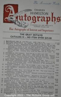 Lot 11.  Charles Hamilton.  164 items.  Auction catalogs 1-166, from May 16, 1963 to November 29, 1984 (missing nos. 69 and 158).  Most include separate list of prices realized.  The first auction was held at the Gotham Hotel, located on Fifth Avenue at 55th Street.  Auction 166 was held at the Omni Park Central, Seventh Avenue at 56th Street. 

Charles Hamilton Autographs. Catalogs.  43 items. In Catalog 25 is this information: “To avoid confusion in identifying our catalogs, we have decided to designate them all by number. Since we have issued ten large catalogs (1 to 10, inclusive), and fourteen Gray Octavos (A to O, inclusive, omitting the letter I), this catalog becomes Number 25. The next will be Number 26.” This group includes 1, 3, 4, 6-10, A, D, E, F, H, J, K, L, M, N, O, 25-46, 48, 49.  Unfortunately, the catalogs are not dated. Internal evidence suggests they are from the late 1950s to 1965.

Charles Hamilton Galleries.  1 item.  Catalog 1.  Postmark of Nov. 5, 1984.  Letter