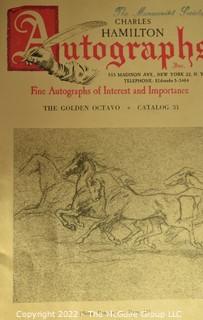Lot 11.  Charles Hamilton.  164 items.  Auction catalogs 1-166, from May 16, 1963 to November 29, 1984 (missing nos. 69 and 158).  Most include separate list of prices realized.  The first auction was held at the Gotham Hotel, located on Fifth Avenue at 55th Street.  Auction 166 was held at the Omni Park Central, Seventh Avenue at 56th Street. 

Charles Hamilton Autographs. Catalogs.  43 items. In Catalog 25 is this information: “To avoid confusion in identifying our catalogs, we have decided to designate them all by number. Since we have issued ten large catalogs (1 to 10, inclusive), and fourteen Gray Octavos (A to O, inclusive, omitting the letter I), this catalog becomes Number 25. The next will be Number 26.” This group includes 1, 3, 4, 6-10, A, D, E, F, H, J, K, L, M, N, O, 25-46, 48, 49.  Unfortunately, the catalogs are not dated. Internal evidence suggests they are from the late 1950s to 1965.

Charles Hamilton Galleries.  1 item.  Catalog 1.  Postmark of Nov. 5, 1984.  Letter