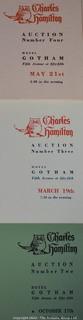 Lot 11.  Charles Hamilton.  164 items.  Auction catalogs 1-166, from May 16, 1963 to November 29, 1984 (missing nos. 69 and 158).  Most include separate list of prices realized.  The first auction was held at the Gotham Hotel, located on Fifth Avenue at 55th Street.  Auction 166 was held at the Omni Park Central, Seventh Avenue at 56th Street. 

Charles Hamilton Autographs. Catalogs.  43 items. In Catalog 25 is this information: “To avoid confusion in identifying our catalogs, we have decided to designate them all by number. Since we have issued ten large catalogs (1 to 10, inclusive), and fourteen Gray Octavos (A to O, inclusive, omitting the letter I), this catalog becomes Number 25. The next will be Number 26.” This group includes 1, 3, 4, 6-10, A, D, E, F, H, J, K, L, M, N, O, 25-46, 48, 49.  Unfortunately, the catalogs are not dated. Internal evidence suggests they are from the late 1950s to 1965.

Charles Hamilton Galleries.  1 item.  Catalog 1.  Postmark of Nov. 5, 1984.  Letter