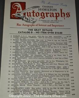 Lot 11.  Charles Hamilton.  164 items.  Auction catalogs 1-166, from May 16, 1963 to November 29, 1984 (missing nos. 69 and 158).  Most include separate list of prices realized.  The first auction was held at the Gotham Hotel, located on Fifth Avenue at 55th Street.  Auction 166 was held at the Omni Park Central, Seventh Avenue at 56th Street. 

Charles Hamilton Autographs. Catalogs.  43 items. In Catalog 25 is this information: “To avoid confusion in identifying our catalogs, we have decided to designate them all by number. Since we have issued ten large catalogs (1 to 10, inclusive), and fourteen Gray Octavos (A to O, inclusive, omitting the letter I), this catalog becomes Number 25. The next will be Number 26.” This group includes 1, 3, 4, 6-10, A, D, E, F, H, J, K, L, M, N, O, 25-46, 48, 49.  Unfortunately, the catalogs are not dated. Internal evidence suggests they are from the late 1950s to 1965.

Charles Hamilton Galleries.  1 item.  Catalog 1.  Postmark of Nov. 5, 1984.  Letter