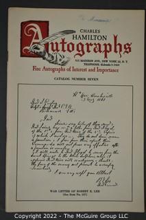 Lot 11.  Charles Hamilton.  164 items.  Auction catalogs 1-166, from May 16, 1963 to November 29, 1984 (missing nos. 69 and 158).  Most include separate list of prices realized.  The first auction was held at the Gotham Hotel, located on Fifth Avenue at 55th Street.  Auction 166 was held at the Omni Park Central, Seventh Avenue at 56th Street. 

Charles Hamilton Autographs. Catalogs.  43 items. In Catalog 25 is this information: “To avoid confusion in identifying our catalogs, we have decided to designate them all by number. Since we have issued ten large catalogs (1 to 10, inclusive), and fourteen Gray Octavos (A to O, inclusive, omitting the letter I), this catalog becomes Number 25. The next will be Number 26.” This group includes 1, 3, 4, 6-10, A, D, E, F, H, J, K, L, M, N, O, 25-46, 48, 49.  Unfortunately, the catalogs are not dated. Internal evidence suggests they are from the late 1950s to 1965.

Charles Hamilton Galleries.  1 item.  Catalog 1.  Postmark of Nov. 5, 1984.  Letter