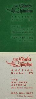 Lot 11.  Charles Hamilton.  164 items.  Auction catalogs 1-166, from May 16, 1963 to November 29, 1984 (missing nos. 69 and 158).  Most include separate list of prices realized.  The first auction was held at the Gotham Hotel, located on Fifth Avenue at 55th Street.  Auction 166 was held at the Omni Park Central, Seventh Avenue at 56th Street. 

Charles Hamilton Autographs. Catalogs.  43 items. In Catalog 25 is this information: “To avoid confusion in identifying our catalogs, we have decided to designate them all by number. Since we have issued ten large catalogs (1 to 10, inclusive), and fourteen Gray Octavos (A to O, inclusive, omitting the letter I), this catalog becomes Number 25. The next will be Number 26.” This group includes 1, 3, 4, 6-10, A, D, E, F, H, J, K, L, M, N, O, 25-46, 48, 49.  Unfortunately, the catalogs are not dated. Internal evidence suggests they are from the late 1950s to 1965.

Charles Hamilton Galleries.  1 item.  Catalog 1.  Postmark of Nov. 5, 1984.  Letter