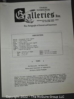 Lot 11.  Charles Hamilton.  164 items.  Auction catalogs 1-166, from May 16, 1963 to November 29, 1984 (missing nos. 69 and 158).  Most include separate list of prices realized.  The first auction was held at the Gotham Hotel, located on Fifth Avenue at 55th Street.  Auction 166 was held at the Omni Park Central, Seventh Avenue at 56th Street. 

Charles Hamilton Autographs. Catalogs.  43 items. In Catalog 25 is this information: “To avoid confusion in identifying our catalogs, we have decided to designate them all by number. Since we have issued ten large catalogs (1 to 10, inclusive), and fourteen Gray Octavos (A to O, inclusive, omitting the letter I), this catalog becomes Number 25. The next will be Number 26.” This group includes 1, 3, 4, 6-10, A, D, E, F, H, J, K, L, M, N, O, 25-46, 48, 49.  Unfortunately, the catalogs are not dated. Internal evidence suggests they are from the late 1950s to 1965.

Charles Hamilton Galleries.  1 item.  Catalog 1.  Postmark of Nov. 5, 1984.  Letter