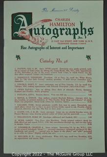 Lot 11.  Charles Hamilton.  164 items.  Auction catalogs 1-166, from May 16, 1963 to November 29, 1984 (missing nos. 69 and 158).  Most include separate list of prices realized.  The first auction was held at the Gotham Hotel, located on Fifth Avenue at 55th Street.  Auction 166 was held at the Omni Park Central, Seventh Avenue at 56th Street. 

Charles Hamilton Autographs. Catalogs.  43 items. In Catalog 25 is this information: “To avoid confusion in identifying our catalogs, we have decided to designate them all by number. Since we have issued ten large catalogs (1 to 10, inclusive), and fourteen Gray Octavos (A to O, inclusive, omitting the letter I), this catalog becomes Number 25. The next will be Number 26.” This group includes 1, 3, 4, 6-10, A, D, E, F, H, J, K, L, M, N, O, 25-46, 48, 49.  Unfortunately, the catalogs are not dated. Internal evidence suggests they are from the late 1950s to 1965.

Charles Hamilton Galleries.  1 item.  Catalog 1.  Postmark of Nov. 5, 1984.  Letter