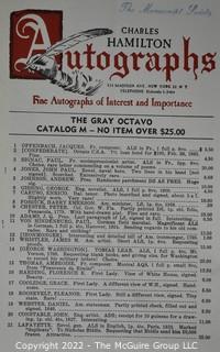 Lot 11.  Charles Hamilton.  164 items.  Auction catalogs 1-166, from May 16, 1963 to November 29, 1984 (missing nos. 69 and 158).  Most include separate list of prices realized.  The first auction was held at the Gotham Hotel, located on Fifth Avenue at 55th Street.  Auction 166 was held at the Omni Park Central, Seventh Avenue at 56th Street. 

Charles Hamilton Autographs. Catalogs.  43 items. In Catalog 25 is this information: “To avoid confusion in identifying our catalogs, we have decided to designate them all by number. Since we have issued ten large catalogs (1 to 10, inclusive), and fourteen Gray Octavos (A to O, inclusive, omitting the letter I), this catalog becomes Number 25. The next will be Number 26.” This group includes 1, 3, 4, 6-10, A, D, E, F, H, J, K, L, M, N, O, 25-46, 48, 49.  Unfortunately, the catalogs are not dated. Internal evidence suggests they are from the late 1950s to 1965.

Charles Hamilton Galleries.  1 item.  Catalog 1.  Postmark of Nov. 5, 1984.  Letter