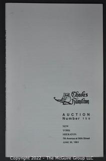 Lot 11.  Charles Hamilton.  164 items.  Auction catalogs 1-166, from May 16, 1963 to November 29, 1984 (missing nos. 69 and 158).  Most include separate list of prices realized.  The first auction was held at the Gotham Hotel, located on Fifth Avenue at 55th Street.  Auction 166 was held at the Omni Park Central, Seventh Avenue at 56th Street. 

Charles Hamilton Autographs. Catalogs.  43 items. In Catalog 25 is this information: “To avoid confusion in identifying our catalogs, we have decided to designate them all by number. Since we have issued ten large catalogs (1 to 10, inclusive), and fourteen Gray Octavos (A to O, inclusive, omitting the letter I), this catalog becomes Number 25. The next will be Number 26.” This group includes 1, 3, 4, 6-10, A, D, E, F, H, J, K, L, M, N, O, 25-46, 48, 49.  Unfortunately, the catalogs are not dated. Internal evidence suggests they are from the late 1950s to 1965.

Charles Hamilton Galleries.  1 item.  Catalog 1.  Postmark of Nov. 5, 1984.  Letter