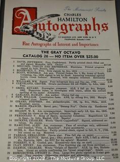 Lot 11.  Charles Hamilton.  164 items.  Auction catalogs 1-166, from May 16, 1963 to November 29, 1984 (missing nos. 69 and 158).  Most include separate list of prices realized.  The first auction was held at the Gotham Hotel, located on Fifth Avenue at 55th Street.  Auction 166 was held at the Omni Park Central, Seventh Avenue at 56th Street. 

Charles Hamilton Autographs. Catalogs.  43 items. In Catalog 25 is this information: “To avoid confusion in identifying our catalogs, we have decided to designate them all by number. Since we have issued ten large catalogs (1 to 10, inclusive), and fourteen Gray Octavos (A to O, inclusive, omitting the letter I), this catalog becomes Number 25. The next will be Number 26.” This group includes 1, 3, 4, 6-10, A, D, E, F, H, J, K, L, M, N, O, 25-46, 48, 49.  Unfortunately, the catalogs are not dated. Internal evidence suggests they are from the late 1950s to 1965.

Charles Hamilton Galleries.  1 item.  Catalog 1.  Postmark of Nov. 5, 1984.  Letter