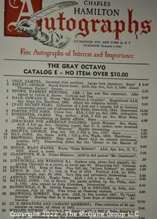 Lot 11.  Charles Hamilton.  164 items.  Auction catalogs 1-166, from May 16, 1963 to November 29, 1984 (missing nos. 69 and 158).  Most include separate list of prices realized.  The first auction was held at the Gotham Hotel, located on Fifth Avenue at 55th Street.  Auction 166 was held at the Omni Park Central, Seventh Avenue at 56th Street. 

Charles Hamilton Autographs. Catalogs.  43 items. In Catalog 25 is this information: “To avoid confusion in identifying our catalogs, we have decided to designate them all by number. Since we have issued ten large catalogs (1 to 10, inclusive), and fourteen Gray Octavos (A to O, inclusive, omitting the letter I), this catalog becomes Number 25. The next will be Number 26.” This group includes 1, 3, 4, 6-10, A, D, E, F, H, J, K, L, M, N, O, 25-46, 48, 49.  Unfortunately, the catalogs are not dated. Internal evidence suggests they are from the late 1950s to 1965.

Charles Hamilton Galleries.  1 item.  Catalog 1.  Postmark of Nov. 5, 1984.  Letter