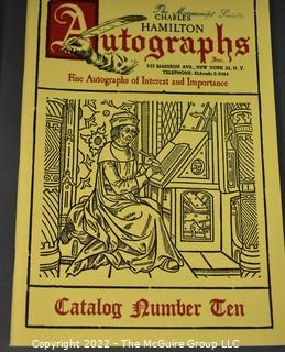 Lot 11.  Charles Hamilton.  164 items.  Auction catalogs 1-166, from May 16, 1963 to November 29, 1984 (missing nos. 69 and 158).  Most include separate list of prices realized.  The first auction was held at the Gotham Hotel, located on Fifth Avenue at 55th Street.  Auction 166 was held at the Omni Park Central, Seventh Avenue at 56th Street. 

Charles Hamilton Autographs. Catalogs.  43 items. In Catalog 25 is this information: “To avoid confusion in identifying our catalogs, we have decided to designate them all by number. Since we have issued ten large catalogs (1 to 10, inclusive), and fourteen Gray Octavos (A to O, inclusive, omitting the letter I), this catalog becomes Number 25. The next will be Number 26.” This group includes 1, 3, 4, 6-10, A, D, E, F, H, J, K, L, M, N, O, 25-46, 48, 49.  Unfortunately, the catalogs are not dated. Internal evidence suggests they are from the late 1950s to 1965.

Charles Hamilton Galleries.  1 item.  Catalog 1.  Postmark of Nov. 5, 1984.  Letter