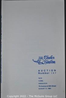 Lot 11.  Charles Hamilton.  164 items.  Auction catalogs 1-166, from May 16, 1963 to November 29, 1984 (missing nos. 69 and 158).  Most include separate list of prices realized.  The first auction was held at the Gotham Hotel, located on Fifth Avenue at 55th Street.  Auction 166 was held at the Omni Park Central, Seventh Avenue at 56th Street. 

Charles Hamilton Autographs. Catalogs.  43 items. In Catalog 25 is this information: “To avoid confusion in identifying our catalogs, we have decided to designate them all by number. Since we have issued ten large catalogs (1 to 10, inclusive), and fourteen Gray Octavos (A to O, inclusive, omitting the letter I), this catalog becomes Number 25. The next will be Number 26.” This group includes 1, 3, 4, 6-10, A, D, E, F, H, J, K, L, M, N, O, 25-46, 48, 49.  Unfortunately, the catalogs are not dated. Internal evidence suggests they are from the late 1950s to 1965.

Charles Hamilton Galleries.  1 item.  Catalog 1.  Postmark of Nov. 5, 1984.  Letter