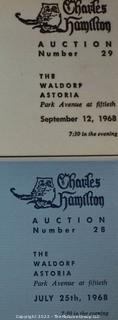 Lot 11.  Charles Hamilton.  164 items.  Auction catalogs 1-166, from May 16, 1963 to November 29, 1984 (missing nos. 69 and 158).  Most include separate list of prices realized.  The first auction was held at the Gotham Hotel, located on Fifth Avenue at 55th Street.  Auction 166 was held at the Omni Park Central, Seventh Avenue at 56th Street. 

Charles Hamilton Autographs. Catalogs.  43 items. In Catalog 25 is this information: “To avoid confusion in identifying our catalogs, we have decided to designate them all by number. Since we have issued ten large catalogs (1 to 10, inclusive), and fourteen Gray Octavos (A to O, inclusive, omitting the letter I), this catalog becomes Number 25. The next will be Number 26.” This group includes 1, 3, 4, 6-10, A, D, E, F, H, J, K, L, M, N, O, 25-46, 48, 49.  Unfortunately, the catalogs are not dated. Internal evidence suggests they are from the late 1950s to 1965.

Charles Hamilton Galleries.  1 item.  Catalog 1.  Postmark of Nov. 5, 1984.  Letter