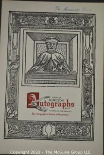 Lot 11.  Charles Hamilton.  164 items.  Auction catalogs 1-166, from May 16, 1963 to November 29, 1984 (missing nos. 69 and 158).  Most include separate list of prices realized.  The first auction was held at the Gotham Hotel, located on Fifth Avenue at 55th Street.  Auction 166 was held at the Omni Park Central, Seventh Avenue at 56th Street. 

Charles Hamilton Autographs. Catalogs.  43 items. In Catalog 25 is this information: “To avoid confusion in identifying our catalogs, we have decided to designate them all by number. Since we have issued ten large catalogs (1 to 10, inclusive), and fourteen Gray Octavos (A to O, inclusive, omitting the letter I), this catalog becomes Number 25. The next will be Number 26.” This group includes 1, 3, 4, 6-10, A, D, E, F, H, J, K, L, M, N, O, 25-46, 48, 49.  Unfortunately, the catalogs are not dated. Internal evidence suggests they are from the late 1950s to 1965.

Charles Hamilton Galleries.  1 item.  Catalog 1.  Postmark of Nov. 5, 1984.  Letter
