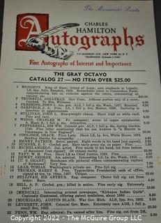 Lot 11.  Charles Hamilton.  164 items.  Auction catalogs 1-166, from May 16, 1963 to November 29, 1984 (missing nos. 69 and 158).  Most include separate list of prices realized.  The first auction was held at the Gotham Hotel, located on Fifth Avenue at 55th Street.  Auction 166 was held at the Omni Park Central, Seventh Avenue at 56th Street. 

Charles Hamilton Autographs. Catalogs.  43 items. In Catalog 25 is this information: “To avoid confusion in identifying our catalogs, we have decided to designate them all by number. Since we have issued ten large catalogs (1 to 10, inclusive), and fourteen Gray Octavos (A to O, inclusive, omitting the letter I), this catalog becomes Number 25. The next will be Number 26.” This group includes 1, 3, 4, 6-10, A, D, E, F, H, J, K, L, M, N, O, 25-46, 48, 49.  Unfortunately, the catalogs are not dated. Internal evidence suggests they are from the late 1950s to 1965.

Charles Hamilton Galleries.  1 item.  Catalog 1.  Postmark of Nov. 5, 1984.  Letter