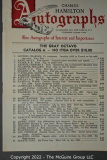 Lot 11.  Charles Hamilton.  164 items.  Auction catalogs 1-166, from May 16, 1963 to November 29, 1984 (missing nos. 69 and 158).  Most include separate list of prices realized.  The first auction was held at the Gotham Hotel, located on Fifth Avenue at 55th Street.  Auction 166 was held at the Omni Park Central, Seventh Avenue at 56th Street. 

Charles Hamilton Autographs. Catalogs.  43 items. In Catalog 25 is this information: “To avoid confusion in identifying our catalogs, we have decided to designate them all by number. Since we have issued ten large catalogs (1 to 10, inclusive), and fourteen Gray Octavos (A to O, inclusive, omitting the letter I), this catalog becomes Number 25. The next will be Number 26.” This group includes 1, 3, 4, 6-10, A, D, E, F, H, J, K, L, M, N, O, 25-46, 48, 49.  Unfortunately, the catalogs are not dated. Internal evidence suggests they are from the late 1950s to 1965.

Charles Hamilton Galleries.  1 item.  Catalog 1.  Postmark of Nov. 5, 1984.  Letter