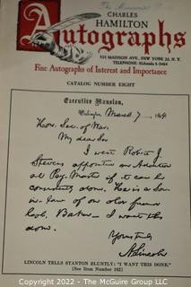 Lot 11.  Charles Hamilton.  164 items.  Auction catalogs 1-166, from May 16, 1963 to November 29, 1984 (missing nos. 69 and 158).  Most include separate list of prices realized.  The first auction was held at the Gotham Hotel, located on Fifth Avenue at 55th Street.  Auction 166 was held at the Omni Park Central, Seventh Avenue at 56th Street. 

Charles Hamilton Autographs. Catalogs.  43 items. In Catalog 25 is this information: “To avoid confusion in identifying our catalogs, we have decided to designate them all by number. Since we have issued ten large catalogs (1 to 10, inclusive), and fourteen Gray Octavos (A to O, inclusive, omitting the letter I), this catalog becomes Number 25. The next will be Number 26.” This group includes 1, 3, 4, 6-10, A, D, E, F, H, J, K, L, M, N, O, 25-46, 48, 49.  Unfortunately, the catalogs are not dated. Internal evidence suggests they are from the late 1950s to 1965.

Charles Hamilton Galleries.  1 item.  Catalog 1.  Postmark of Nov. 5, 1984.  Letter