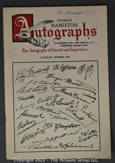 Lot 11.  Charles Hamilton.  164 items.  Auction catalogs 1-166, from May 16, 1963 to November 29, 1984 (missing nos. 69 and 158).  Most include separate list of prices realized.  The first auction was held at the Gotham Hotel, located on Fifth Avenue at 55th Street.  Auction 166 was held at the Omni Park Central, Seventh Avenue at 56th Street. 

Charles Hamilton Autographs. Catalogs.  43 items. In Catalog 25 is this information: “To avoid confusion in identifying our catalogs, we have decided to designate them all by number. Since we have issued ten large catalogs (1 to 10, inclusive), and fourteen Gray Octavos (A to O, inclusive, omitting the letter I), this catalog becomes Number 25. The next will be Number 26.” This group includes 1, 3, 4, 6-10, A, D, E, F, H, J, K, L, M, N, O, 25-46, 48, 49.  Unfortunately, the catalogs are not dated. Internal evidence suggests they are from the late 1950s to 1965.

Charles Hamilton Galleries.  1 item.  Catalog 1.  Postmark of Nov. 5, 1984.  Letter