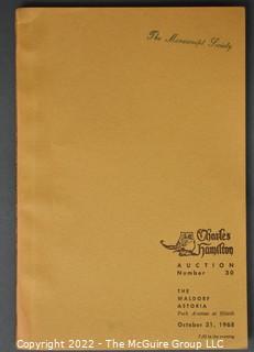 Lot 11.  Charles Hamilton.  164 items.  Auction catalogs 1-166, from May 16, 1963 to November 29, 1984 (missing nos. 69 and 158).  Most include separate list of prices realized.  The first auction was held at the Gotham Hotel, located on Fifth Avenue at 55th Street.  Auction 166 was held at the Omni Park Central, Seventh Avenue at 56th Street. 

Charles Hamilton Autographs. Catalogs.  43 items. In Catalog 25 is this information: “To avoid confusion in identifying our catalogs, we have decided to designate them all by number. Since we have issued ten large catalogs (1 to 10, inclusive), and fourteen Gray Octavos (A to O, inclusive, omitting the letter I), this catalog becomes Number 25. The next will be Number 26.” This group includes 1, 3, 4, 6-10, A, D, E, F, H, J, K, L, M, N, O, 25-46, 48, 49.  Unfortunately, the catalogs are not dated. Internal evidence suggests they are from the late 1950s to 1965.

Charles Hamilton Galleries.  1 item.  Catalog 1.  Postmark of Nov. 5, 1984.  Letter