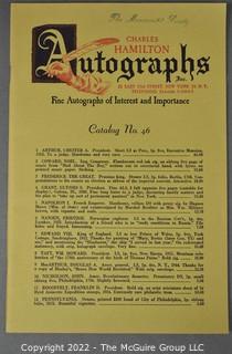 Lot 11.  Charles Hamilton.  164 items.  Auction catalogs 1-166, from May 16, 1963 to November 29, 1984 (missing nos. 69 and 158).  Most include separate list of prices realized.  The first auction was held at the Gotham Hotel, located on Fifth Avenue at 55th Street.  Auction 166 was held at the Omni Park Central, Seventh Avenue at 56th Street. 

Charles Hamilton Autographs. Catalogs.  43 items. In Catalog 25 is this information: “To avoid confusion in identifying our catalogs, we have decided to designate them all by number. Since we have issued ten large catalogs (1 to 10, inclusive), and fourteen Gray Octavos (A to O, inclusive, omitting the letter I), this catalog becomes Number 25. The next will be Number 26.” This group includes 1, 3, 4, 6-10, A, D, E, F, H, J, K, L, M, N, O, 25-46, 48, 49.  Unfortunately, the catalogs are not dated. Internal evidence suggests they are from the late 1950s to 1965.

Charles Hamilton Galleries.  1 item.  Catalog 1.  Postmark of Nov. 5, 1984.  Letter