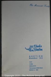 Lot 11.  Charles Hamilton.  164 items.  Auction catalogs 1-166, from May 16, 1963 to November 29, 1984 (missing nos. 69 and 158).  Most include separate list of prices realized.  The first auction was held at the Gotham Hotel, located on Fifth Avenue at 55th Street.  Auction 166 was held at the Omni Park Central, Seventh Avenue at 56th Street. 

Charles Hamilton Autographs. Catalogs.  43 items. In Catalog 25 is this information: “To avoid confusion in identifying our catalogs, we have decided to designate them all by number. Since we have issued ten large catalogs (1 to 10, inclusive), and fourteen Gray Octavos (A to O, inclusive, omitting the letter I), this catalog becomes Number 25. The next will be Number 26.” This group includes 1, 3, 4, 6-10, A, D, E, F, H, J, K, L, M, N, O, 25-46, 48, 49.  Unfortunately, the catalogs are not dated. Internal evidence suggests they are from the late 1950s to 1965.

Charles Hamilton Galleries.  1 item.  Catalog 1.  Postmark of Nov. 5, 1984.  Letter