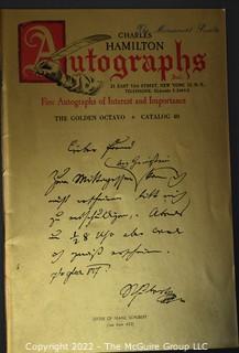 Lot 11.  Charles Hamilton.  164 items.  Auction catalogs 1-166, from May 16, 1963 to November 29, 1984 (missing nos. 69 and 158).  Most include separate list of prices realized.  The first auction was held at the Gotham Hotel, located on Fifth Avenue at 55th Street.  Auction 166 was held at the Omni Park Central, Seventh Avenue at 56th Street. 

Charles Hamilton Autographs. Catalogs.  43 items. In Catalog 25 is this information: “To avoid confusion in identifying our catalogs, we have decided to designate them all by number. Since we have issued ten large catalogs (1 to 10, inclusive), and fourteen Gray Octavos (A to O, inclusive, omitting the letter I), this catalog becomes Number 25. The next will be Number 26.” This group includes 1, 3, 4, 6-10, A, D, E, F, H, J, K, L, M, N, O, 25-46, 48, 49.  Unfortunately, the catalogs are not dated. Internal evidence suggests they are from the late 1950s to 1965.

Charles Hamilton Galleries.  1 item.  Catalog 1.  Postmark of Nov. 5, 1984.  Letter