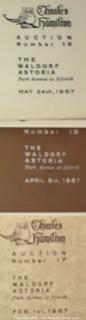 Lot 11.  Charles Hamilton.  164 items.  Auction catalogs 1-166, from May 16, 1963 to November 29, 1984 (missing nos. 69 and 158).  Most include separate list of prices realized.  The first auction was held at the Gotham Hotel, located on Fifth Avenue at 55th Street.  Auction 166 was held at the Omni Park Central, Seventh Avenue at 56th Street. 

Charles Hamilton Autographs. Catalogs.  43 items. In Catalog 25 is this information: “To avoid confusion in identifying our catalogs, we have decided to designate them all by number. Since we have issued ten large catalogs (1 to 10, inclusive), and fourteen Gray Octavos (A to O, inclusive, omitting the letter I), this catalog becomes Number 25. The next will be Number 26.” This group includes 1, 3, 4, 6-10, A, D, E, F, H, J, K, L, M, N, O, 25-46, 48, 49.  Unfortunately, the catalogs are not dated. Internal evidence suggests they are from the late 1950s to 1965.

Charles Hamilton Galleries.  1 item.  Catalog 1.  Postmark of Nov. 5, 1984.  Letter